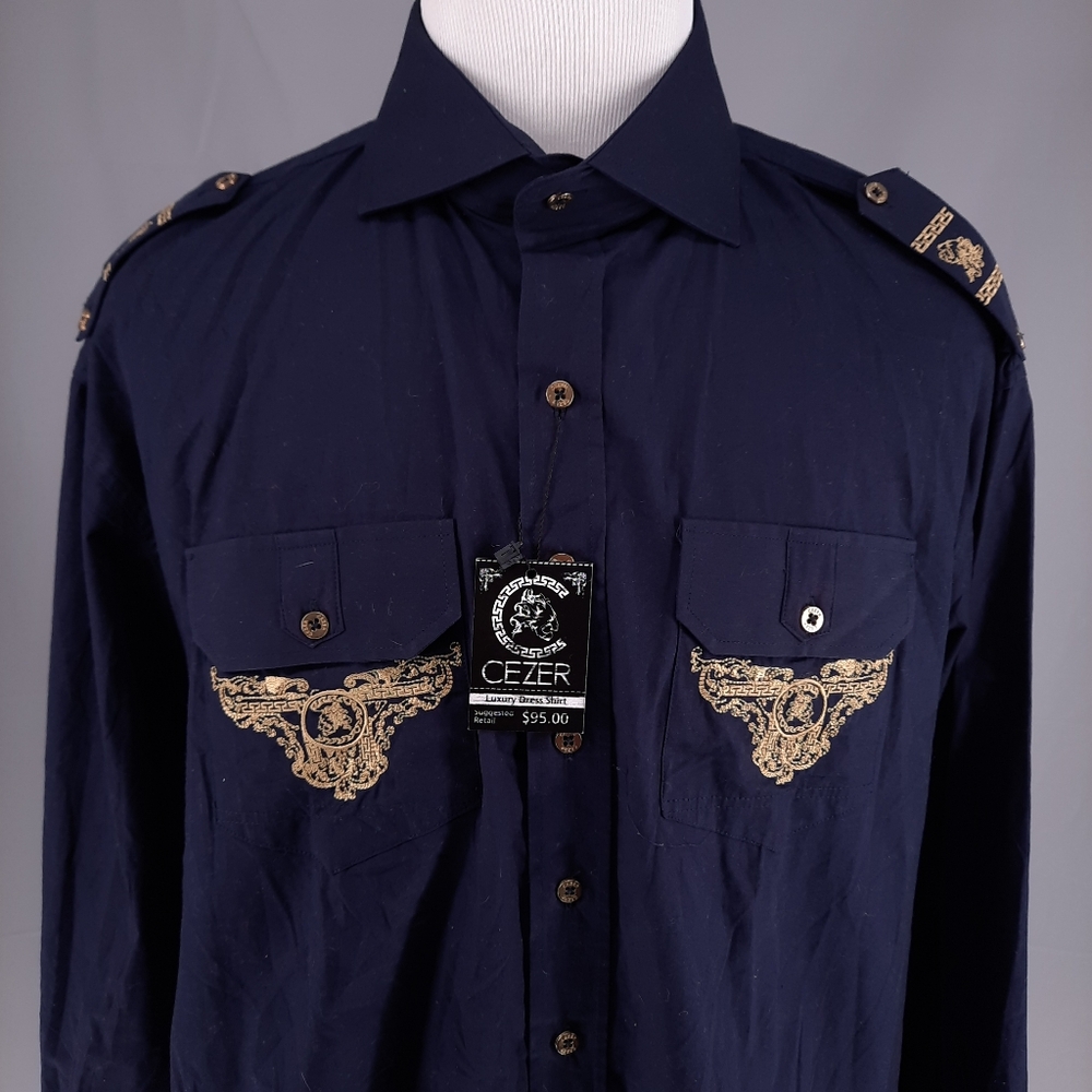 NEW Cezer Epauletts Greek Key Navy Shirt Men's 5XL Embroidered Luxury Hip Hop